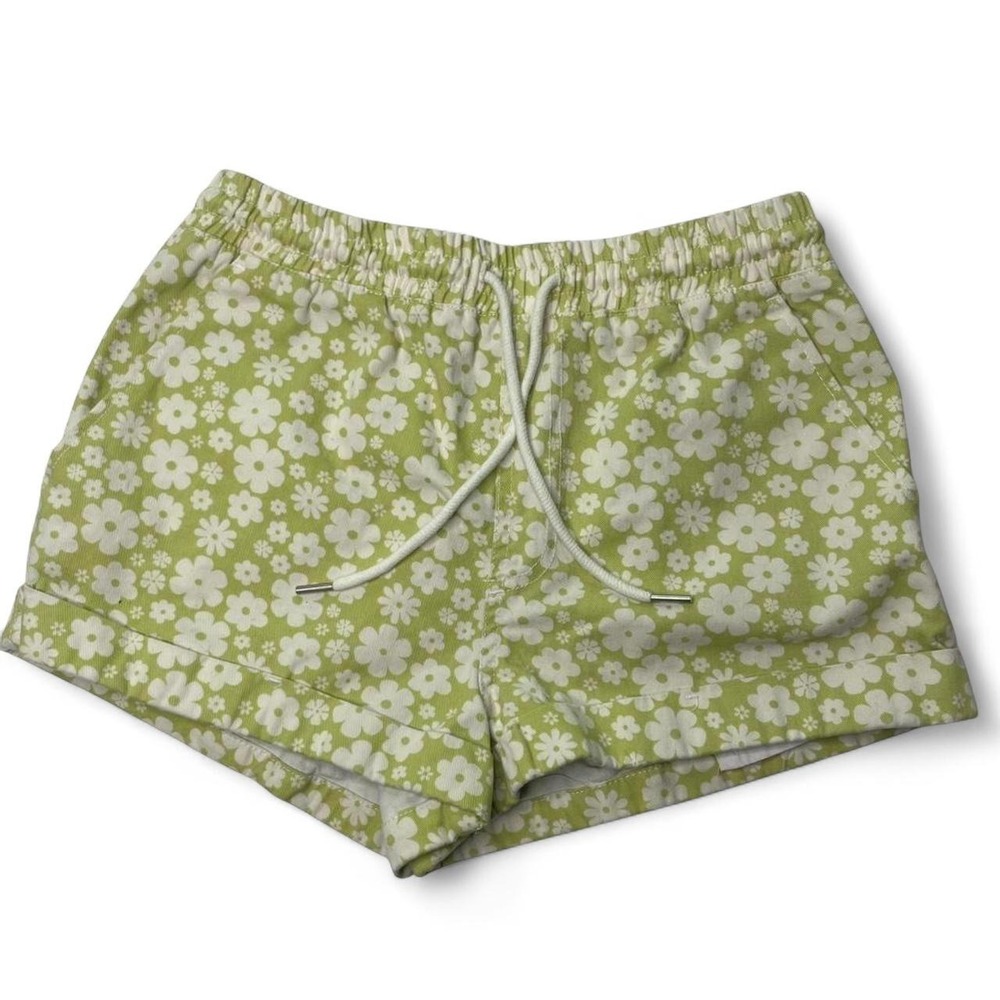 Forever 21 Lime Green Floral Daisy Shorts Retro Indie Aesthetic Drawstring Waist